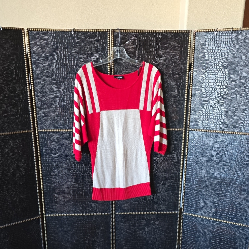 Bebe Vibrant Red and Cream Striped Top